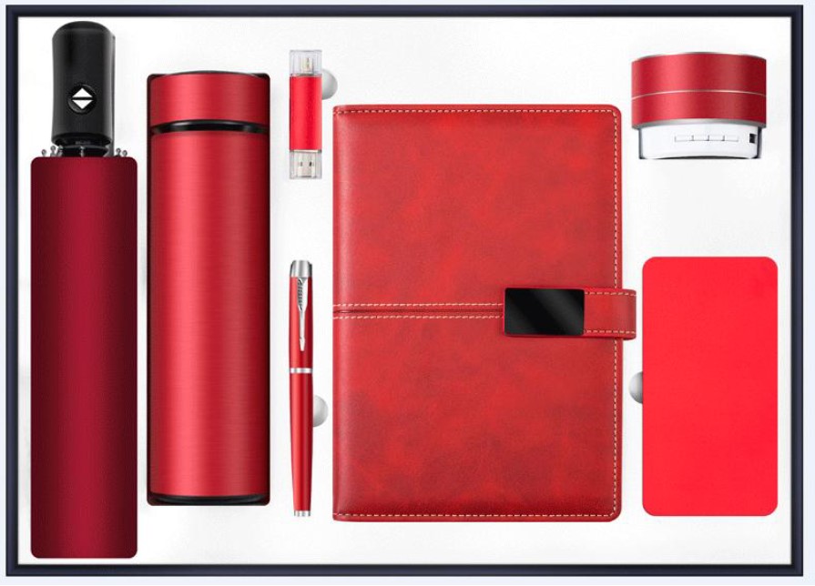 Umbrella + vacuum flask + USB flash drive + pen + A5 notebook + speaker + power bank