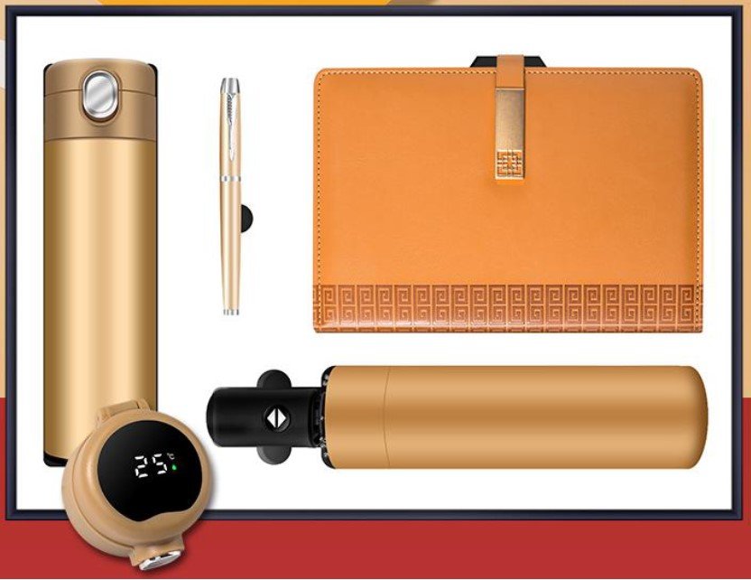 One button to open vacuum cup + metal pen + A5 paper-cut design notebook + umbrella