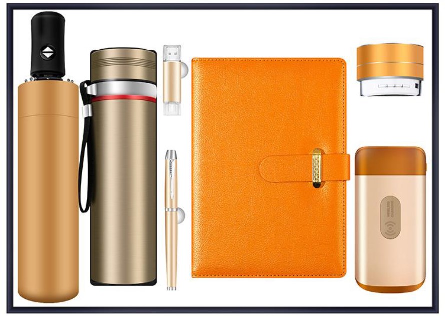 Umbrella + sling vacuum cup + usb flash drive + pen + notebook + speaker + wireless power bank
